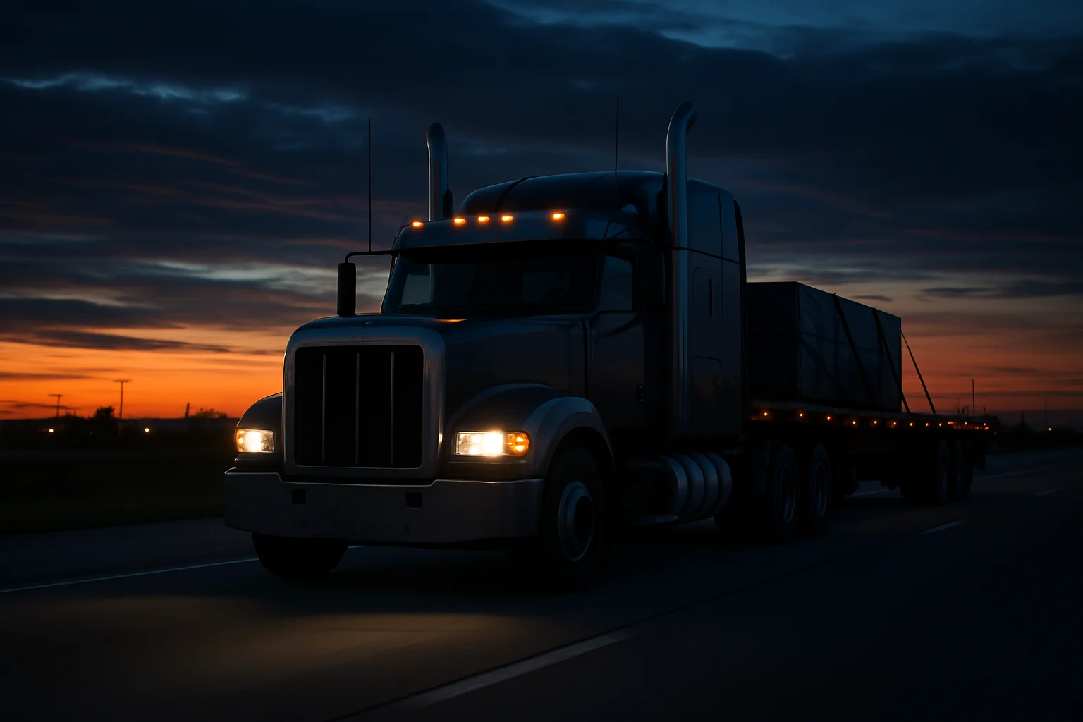 Hot shot trucking scene at dusk