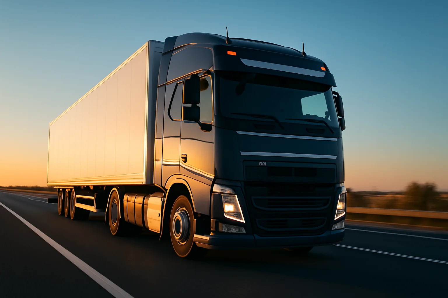 Modern hot shot truck on highway at dusk